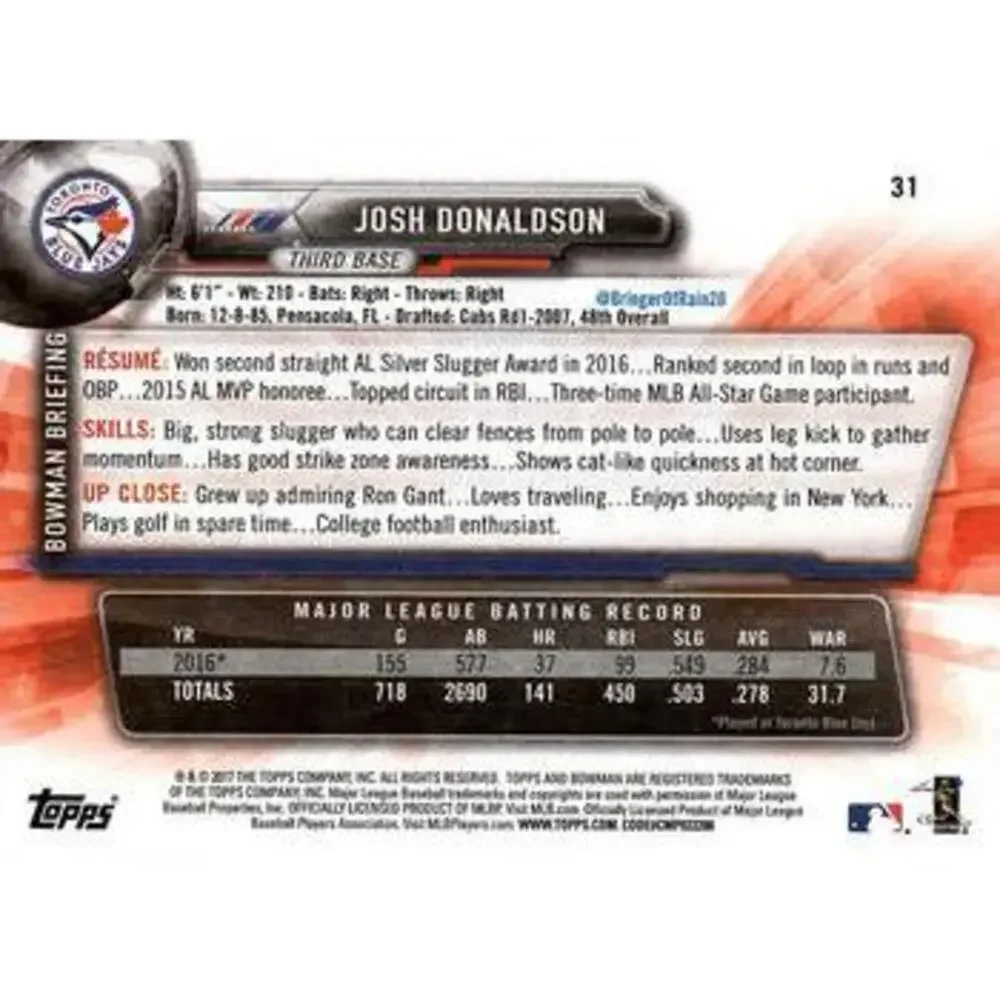 2017 Bowman Josh Donaldson # 31 Toronto Blue Jays